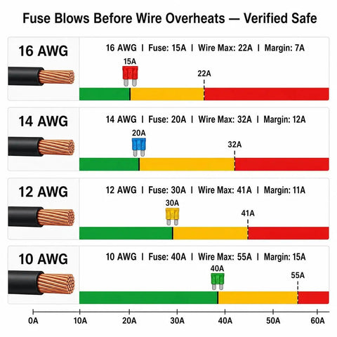 Fuse rating chart displaying AWG standards with safety margins and fuse ratings for automotive applications.