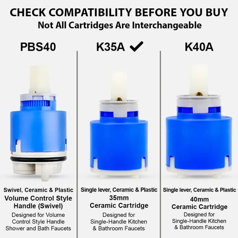 Image of PBS40, K35A, K40A model replacement faucet cartridges with compatibility details for single-lever kitchen and bathroom faucets.