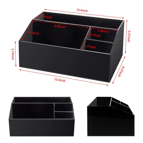 Acrylic Coffee Station Organizer for Countertops and Coffee Bars with 4 Compartments for Coffee Pods Tea Bags Sugar Stirrers Straws Cups Black Finish Durable Waterproof Easy to Clean and Keeps Your Counter Looking Neat and Ready with dimensions shown