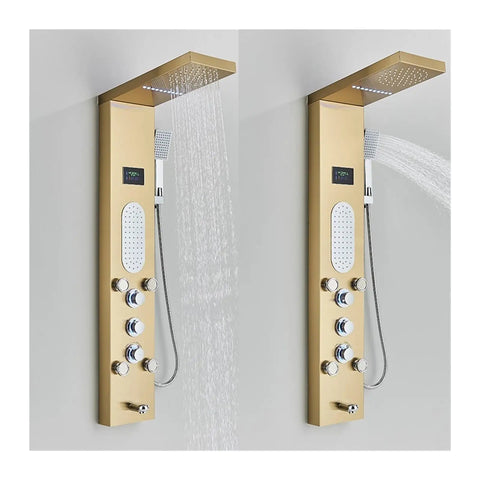 RIBEUJIZS Digital Shower System, Shower Panel Column, Gold finish with rainfall and hand shower options, stainless steel design.