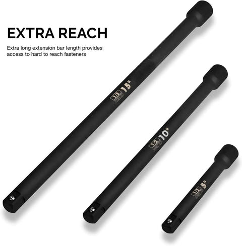 Beefy 1/2-Inch Drive Impact Extension Bar And Adapter Set with 5, 10, and 15 inch extensions, chrome vanadium steel, black finish.