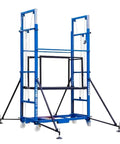 Heavy Duty Electric Lift Cart Rugged Foldable Work Deck With Wireless Clicker Remote Auto Scaffold Lifter Built Tough For Jobsite Hustle Handles Five Hundred Kilogram Loads Up To Three Point Five Meters High, blue scaffold structure.