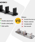 Comparison of adjustable three wheel sliding barn door floor guide for bypass doors black finish vs plastic floor guide.
