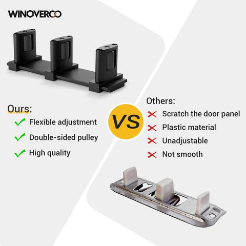 Comparison of adjustable three wheel sliding barn door floor guide for bypass doors black finish vs plastic floor guide.