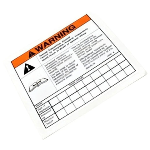 Top Tier 52865GT Annual Inspection Record Decal showing warning details and maintenance checklist for Genie Lift.