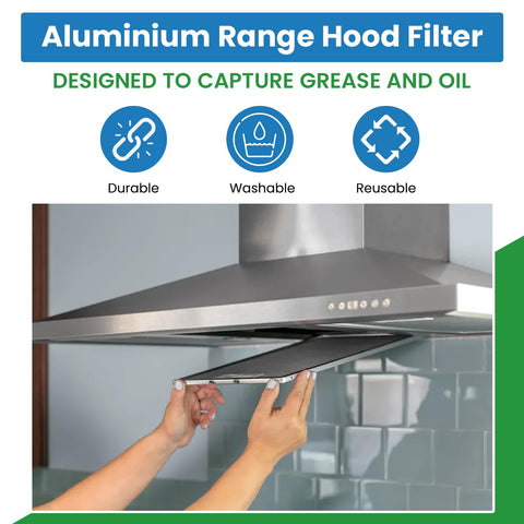 Person installing Universal Replacement Range Hood Filter Fits Most Vent Hoods 11.5 X 11.75 X 0.375 Inches Aluminum Air Cleaner.