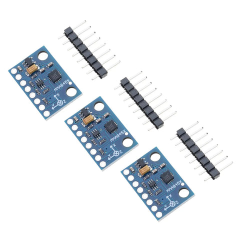 Three blue Triaxial Accelerometer Module for 3D Motion Tracking With I2C Interface Dope Precision And Crisp 12 Bit Resolution Perfect For Activity Analysis Orientation Vibration Sensing Wearables And Robotics Projects boards with header pins