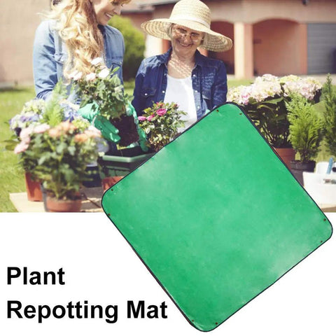 2Pack Plant Repotting Square Mats Foldable 39.3 Inch green mat for garden transplanting displayed with potted plants