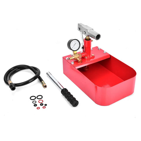 Front view of red 1000 PSI manual hydraulic test pump with gauge, brass fittings, and hose