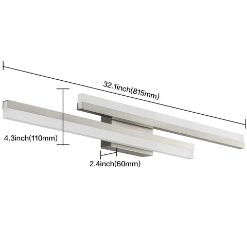 32 Inch LED Bathroom Vanity Light Bar In Brushed Nickel Dimmable Over Mirror Fixture shown with dimensions