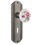 Deco Plate With Keyhole And White Rose Porcelain Knob, Double Dummy Set In Antique Pewter Finish With Solid Brass Plates, Vintage Vibe