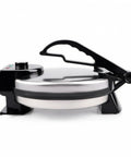 Baoblaze Electric Pancake Maker Nonstick Hinged Flatbread Press side view with black handle and stainless plate.