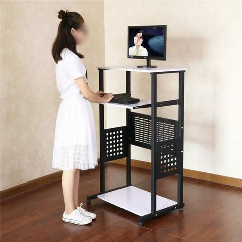 Smooth Rolling 3 Tier Standing Desk With Pull Out Keyboard Tray And Heavy Duty Steel Frame Built Tough for workspace use.