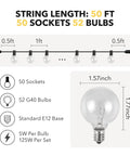Diagram of 50ft Outdoor String Lights With 52 G40 Bulbs Incandescent Warm White 2200K showing socket spacing and bulb size.