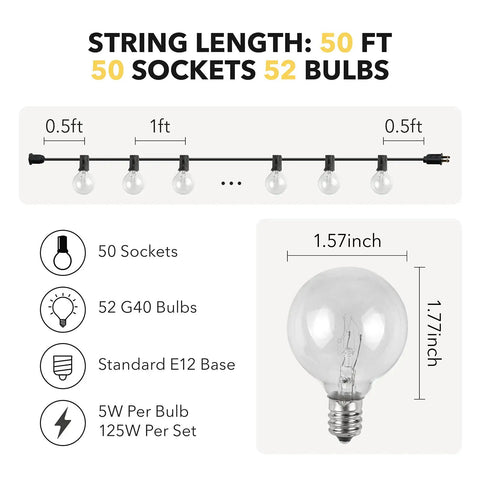 Diagram of 50ft Outdoor String Lights With 52 G40 Bulbs Incandescent Warm White 2200K showing socket spacing and bulb size.