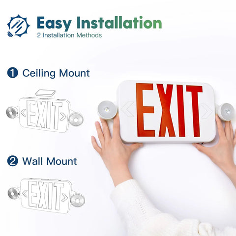 Two Pack Exit Sign With Emergency Lights And Battery Backup, wall and ceiling installation options displayed.