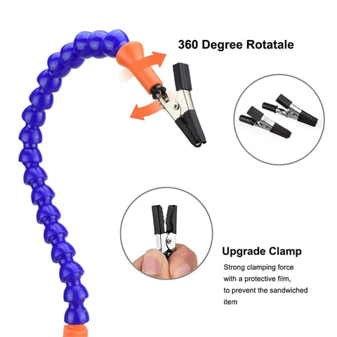 Close-up of Helping Hand Soldering Setup With Flexible 360 Degree Stainless Steel Arms showing clamp details.