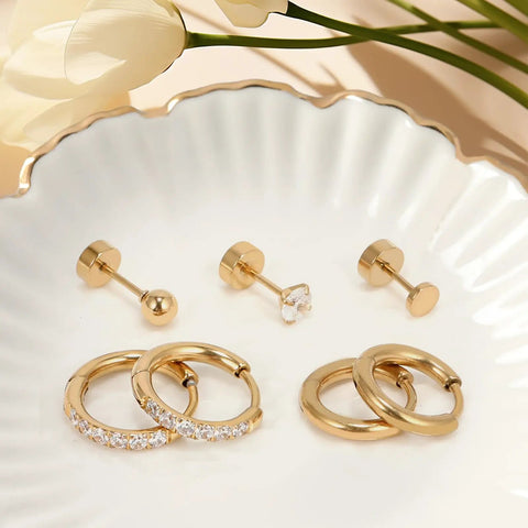 Hypoallergenic Flat Back Earrings Set For Women And Men With Multiple Piercings, 14K Gold Vacuum Plated 316L Stainless Steel Tiny Cubic Zirconia Studs And Cartilage Hoop Earrings, Unisex Gold CZ Hoop Plus Flat Back Stud, 20G 6mm