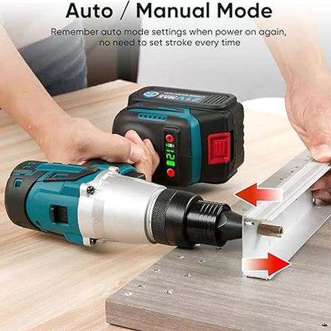 Cordless Rivet Gun Kit With Fast Charge Battery in use on metal sheet, featuring brushless electric blind rivet tool, portable for DIY projects