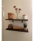 Heavy Duty Cast Iron Shelf Brackets 3 Inch L Shape Corner Braces Black Steel Wall Mounts with decor items on wooden shelves