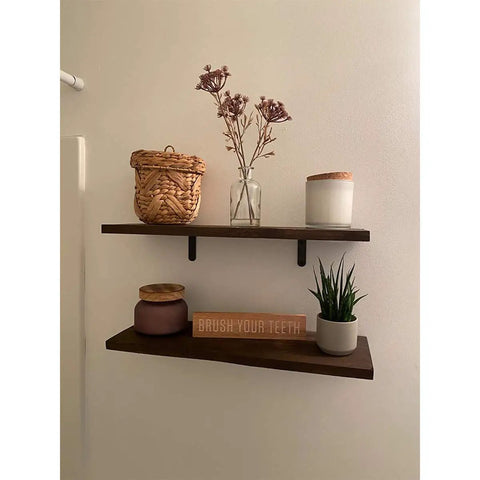 Heavy Duty Cast Iron Shelf Brackets 3 Inch L Shape Corner Braces Black Steel Wall Mounts with decor items on wooden shelves