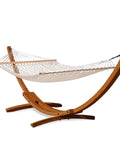 12 Ft Double Rope Hammock With 13 Ft Brown Wooden Arc Stand For Outdoor Patio And Poolside Chill Session, 2 Person Hand Woven Cotton Hammock With Spreader Bar, Natural Color, 450 Lbs Capacity.