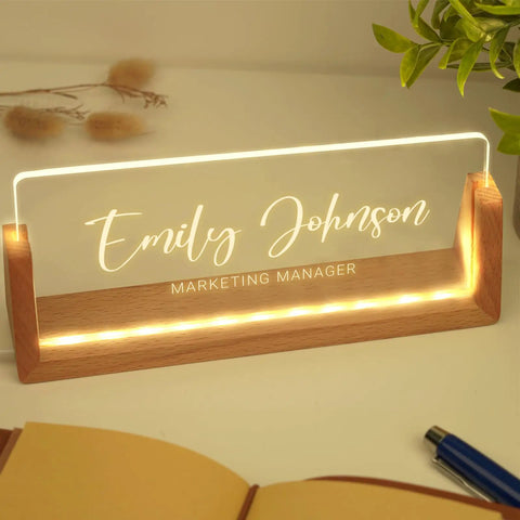 Personalized Light Up Desk Name Plate With Your Name Title Or Motto, Dope Acrylic Desk Nameplate for office decor on wooden base