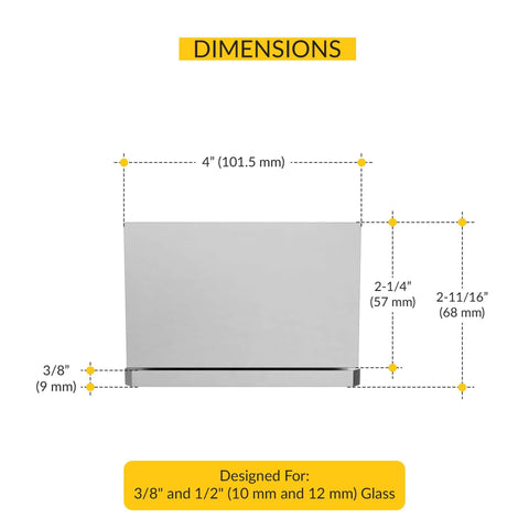 Dimensions diagram for adjustable glass to curb mount shower door pivot hinge for frameless showers, 4 inch overall width.