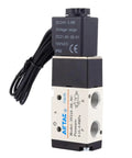 AC220V Three To Two Way Solenoid Valve With One Quarter Inch PT Outlet Model 3V21008 Normally Closed Pneumatic Electric Valve Aluminum Alloy Body For DIY Air Setups Internal Or External Pilot Ready