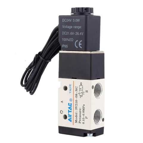 AC 110V 3 By 2 Way Solenoid Valve With 1 By 4 Inch NPT Outlet Normally Closed For Pneumatic Air Systems Plug And Play Electric Control Aluminum Body Model 3V210-08 Internal Or External Pilot Industrial Grade Valve