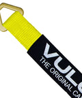 Yellow Series 2 Inch Complete Axle Tie Down System Heavy Duty Kit strap close-up with metal hook and branding visible.