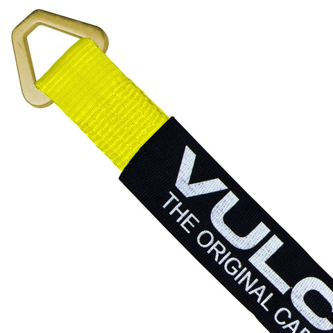 Yellow Series 2 Inch Complete Axle Tie Down System Heavy Duty Kit strap close-up with metal hook and branding visible.