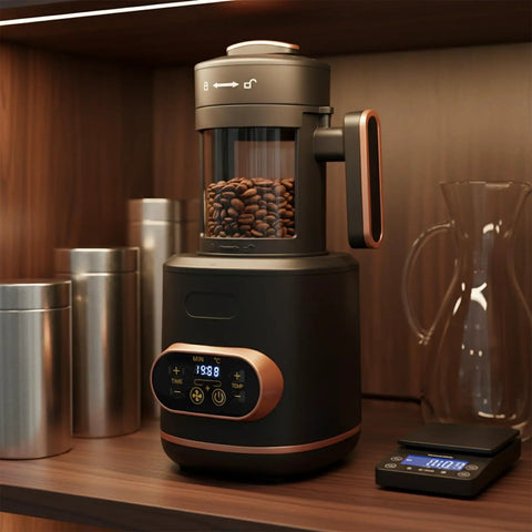 Electric Coffee Bean Roaster Machine For Home Kitchen Using 1500W Motor And Quick Heat Function to roast coffee beans on countertop.