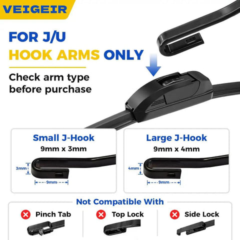 Top Shelf Front Wiper Blades 26 Inch Plus 18 Inch 2 Pack J And U Hook install guide for hook arm types and compatibility.