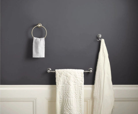 Weymouth Double Robe Hook In Chrome Finish For Bath And Kitchen Versatile Towel Hanger on gray wall with towels
