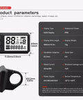 Electric Bike LCD Display with dimensions, waterproof IP65, 2.8 inch size, product parameters including battery and speed info.