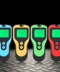 Electronic Wall Finder Detects Wood Metal Studs and Live Wire in blue, yellow, green, and red, with LCD display.