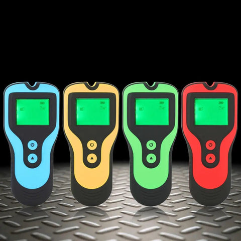 Electronic Wall Finder Detects Wood Metal Studs and Live Wire in blue, yellow, green, and red, with LCD display.