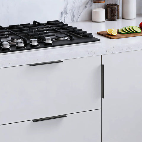 Matte Black Finger Edge Cabinet Pulls Six And One Quarter Inch, 20 Pack, Heavy Duty Metal Drawer Handles on white kitchen