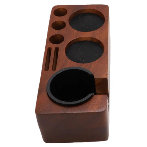 Portable Solid 58mm Stainless Steel Coffee Tamper Kit With Wooden Tamping Station showing wooden pad with storage compartments.