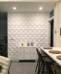 White 3D Wall Panels Moon Surface Design Set Of 12 Tiles Covering 32 Sq Ft Waterproof Paintable with cabinet and chairs
