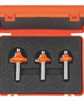 Pro Grade Roundover Router Bit Set With Bearing For Template Work Includes One Quarter Inch Radius Three Eighths Inch Radius And One Half Inch Radius Anti Kickback Design Nonstick Orange Shield Coating For Picture Frames Tables And Countertops in orange case