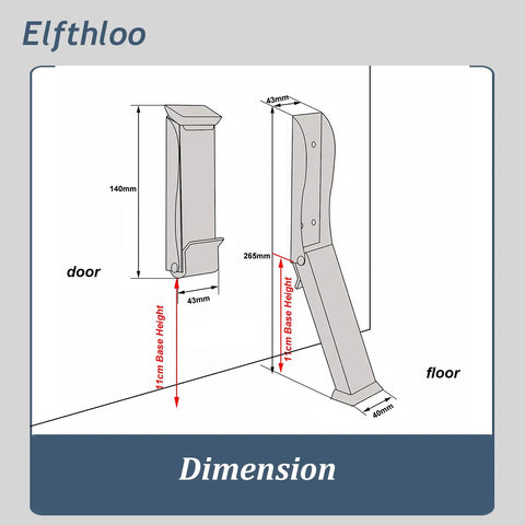 Heavy Duty Kickdown Door Stopper For Bottom Of Door, Hands Free Knock To Lock Design And No Bend Required dimensions diagram showing sizes and angles.