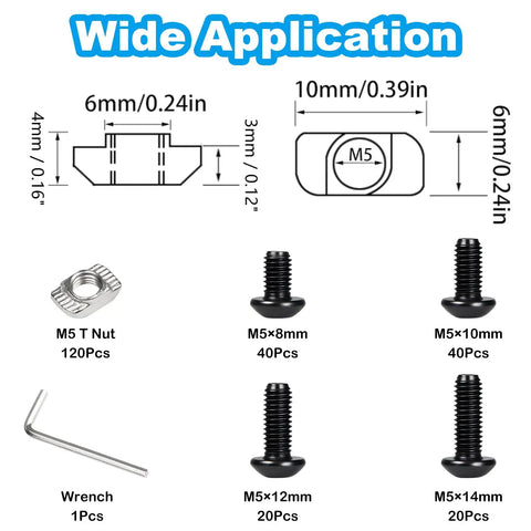 Diagram showing dimensions of M5 T-Nuts and screws from All In One 240Pcs M5 T Nuts And Screws Hardware Kit For 2020 Aluminum Extrusion