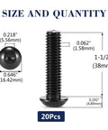 3/8-16 X 1-1/2 Inch Button Head Socket Cap Bolts 304 Stainless Steel 18 8 Grade Black Oxide Finish 20 Piece Built Tough Fastener Kit Includes Hex Key Spanner with size details.