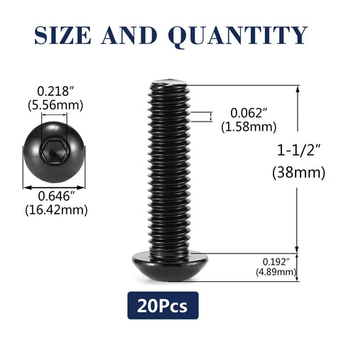 3/8-16 X 1-1/2 Inch Button Head Socket Cap Bolts 304 Stainless Steel 18 8 Grade Black Oxide Finish 20 Piece Built Tough Fastener Kit Includes Hex Key Spanner with size details.