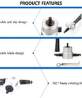 Double Head Metal Nibbler Cutter For Drill with 360 Degree Rotating Cutting Tool, showing anti-slip and double blade design.