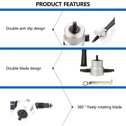 Double Head Metal Nibbler Cutter For Drill with 360 Degree Rotating Cutting Tool, showing anti-slip and double blade design.