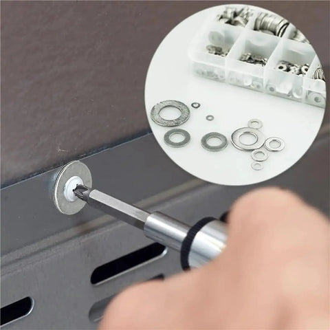 Ultra Thin Stainless Steel Flat Washer Set Pro Grade M2 To M10, 720-Piece Shim Gasket Assortment used on a screw with assorted washers