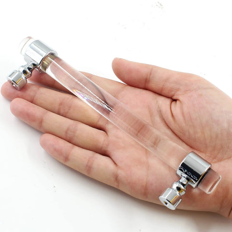 Six Pack Clear Acrylic T Bar Cabinet Pulls For Dresser And Kitchen Cabinets With 5 Inch Hole Centers shown in hand